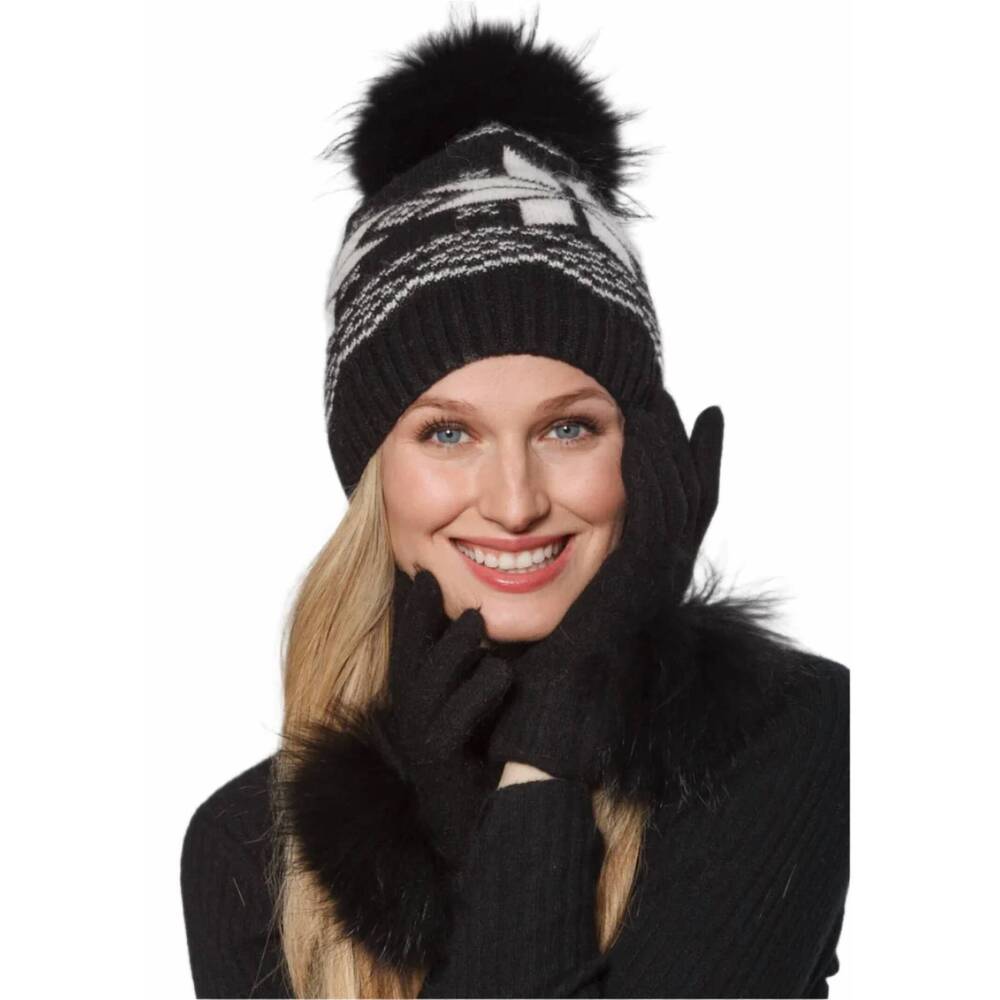NEW LINDA RICHARDS women's nordic snowflake pom hat in black